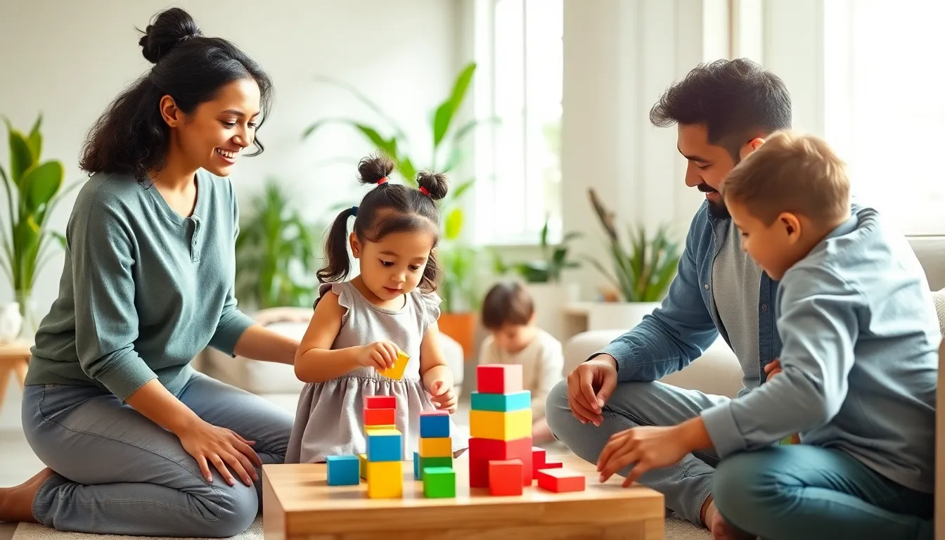 family practicing gentle parenting in a cozy living room.