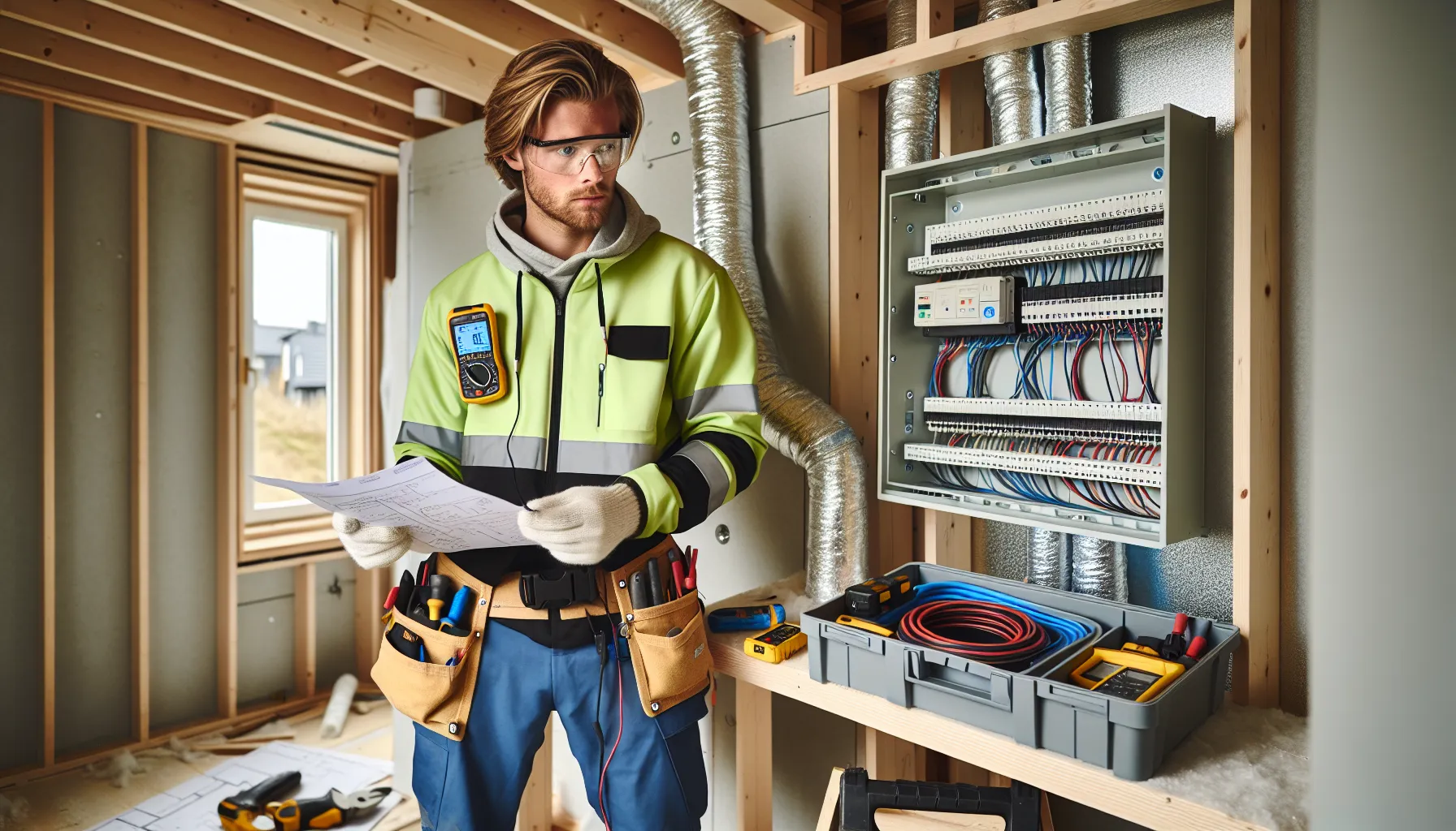 Norwegian craftsperson troubleshooting an electrical panel in a tidy renovation site.