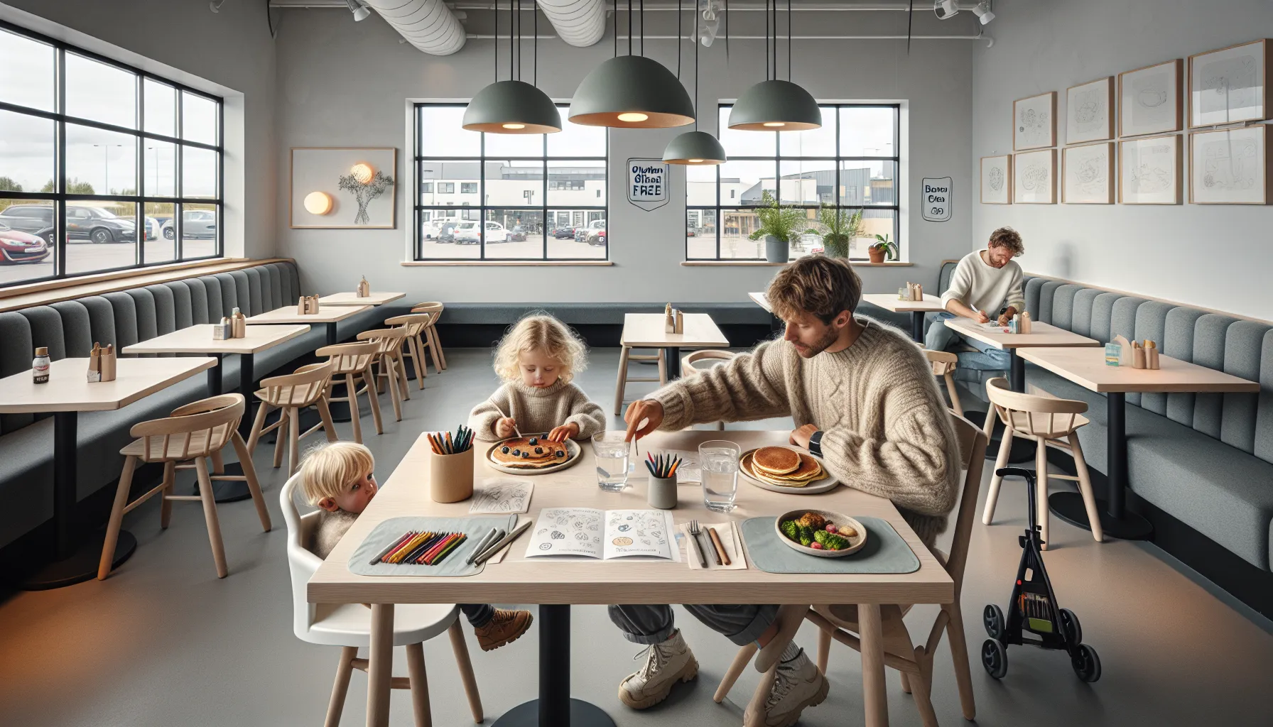 Norwegian family dining in a calm, kid-friendly restaurant with play corner.