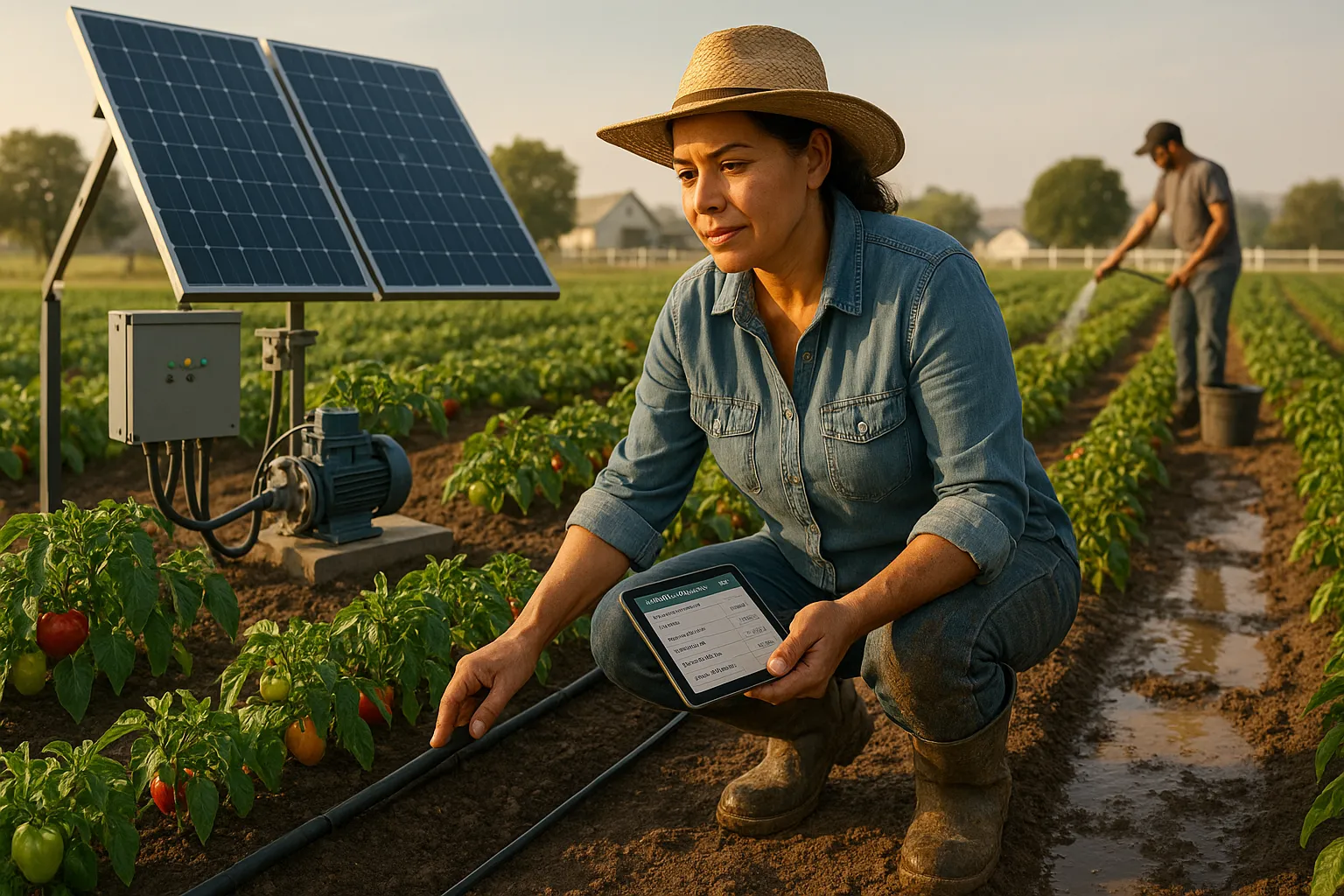 Farmer inspecting a solar-powered drip system beside uneven manual-watering patches.