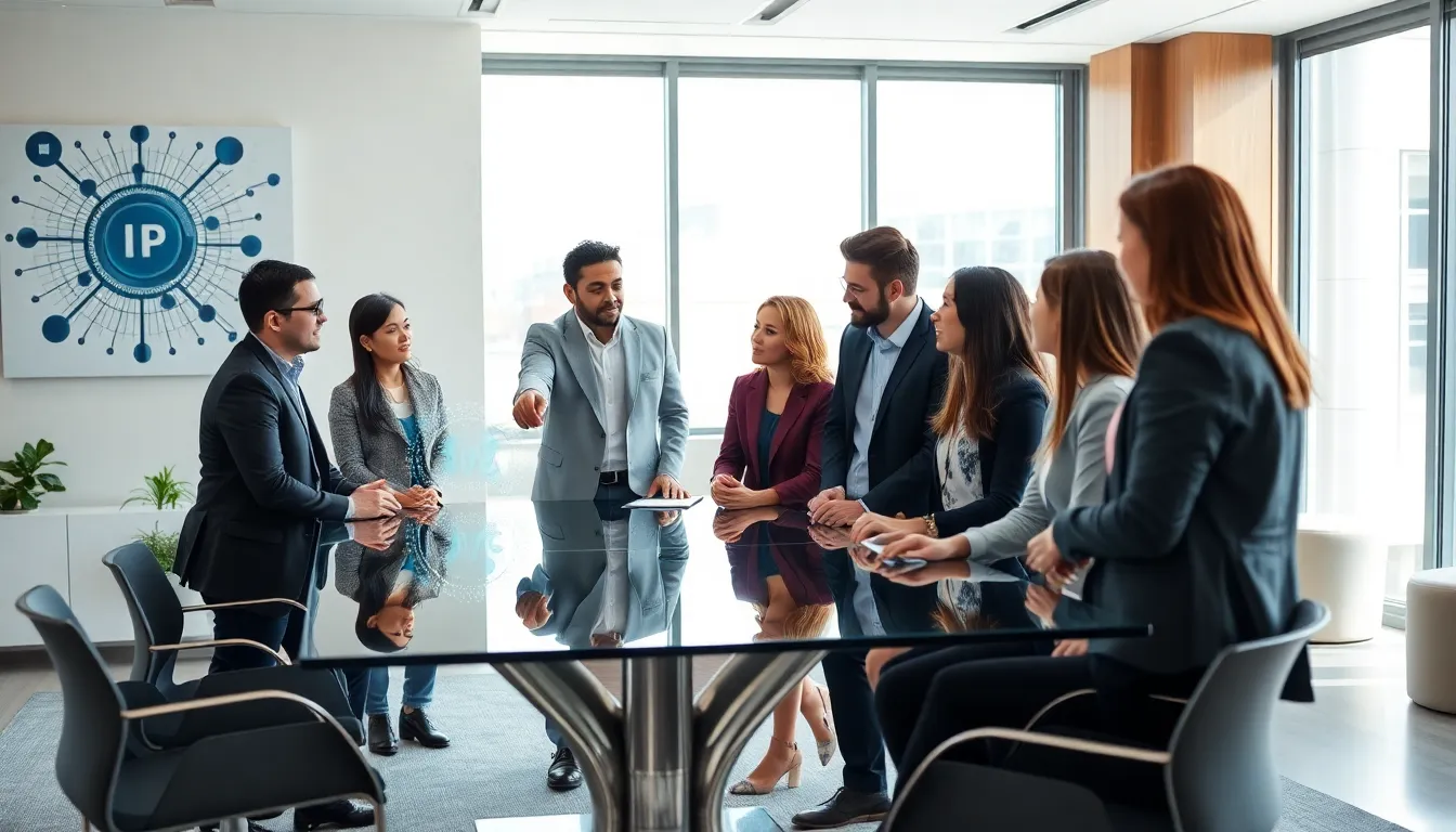 IT professionals discussing IP addresses in a modern office.