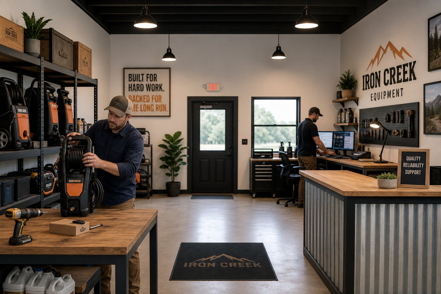 Small business team customising their own commercial space with equipment and shelving in an organised interior.