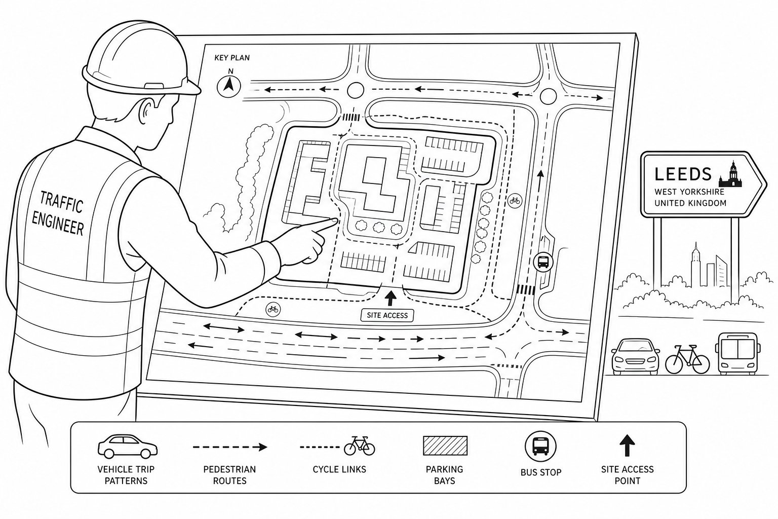 Traffic engineer reviewing a Leeds development site access and road layout.