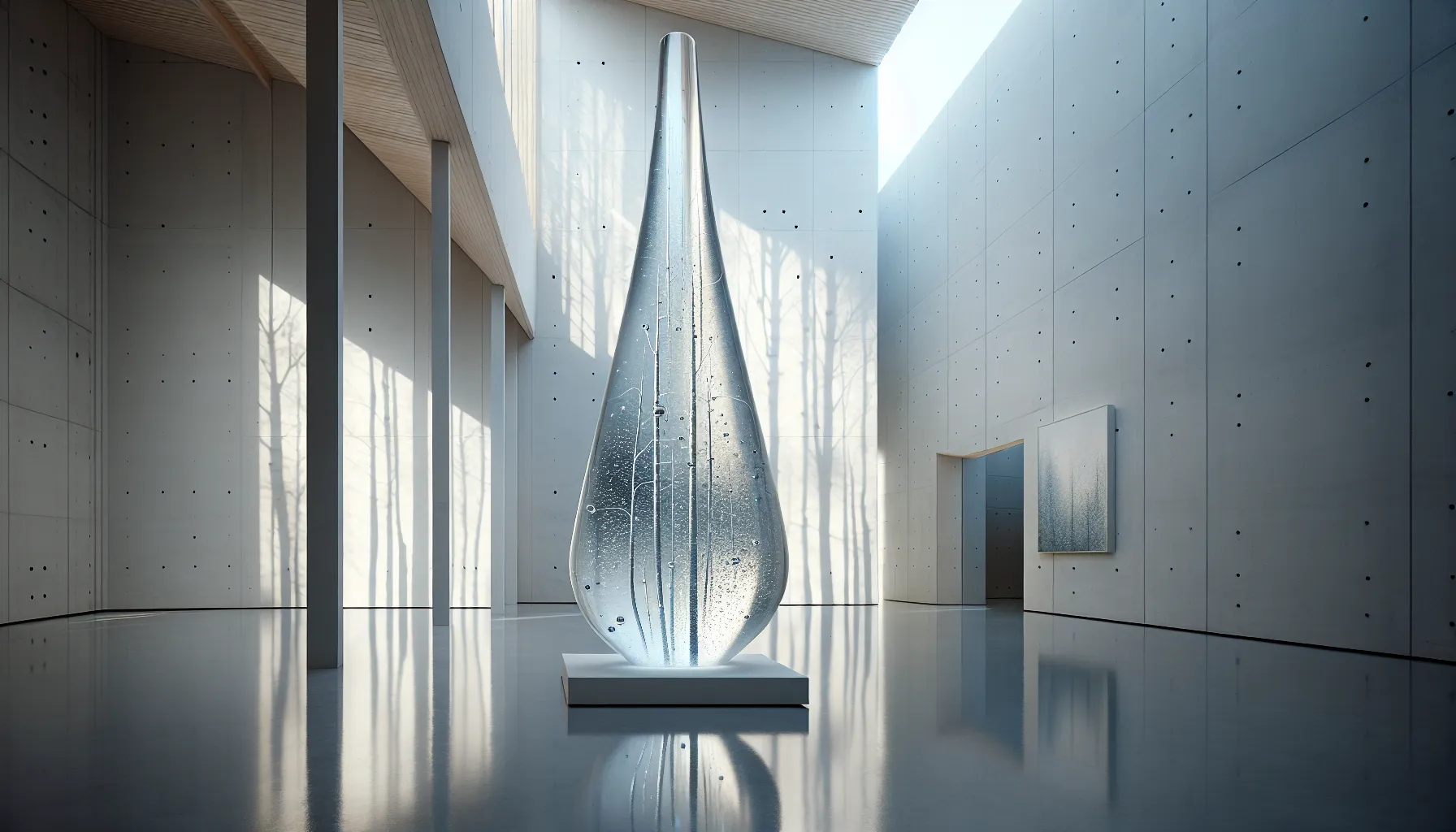 A delicate glass sculpture glows in soft nordic gallery light.