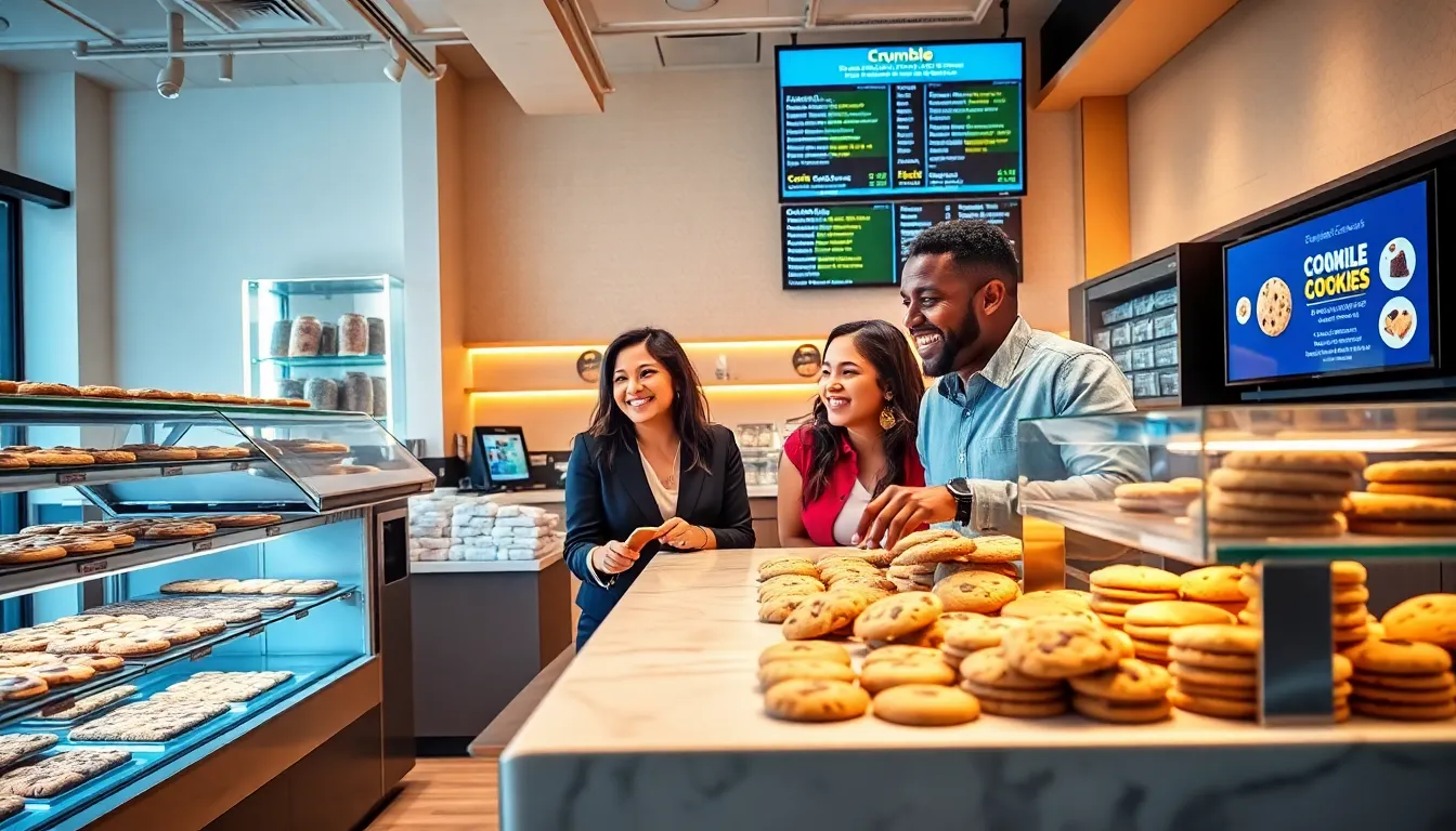 diverse group selecting cookies in a stylish Crumbl Cookies store.