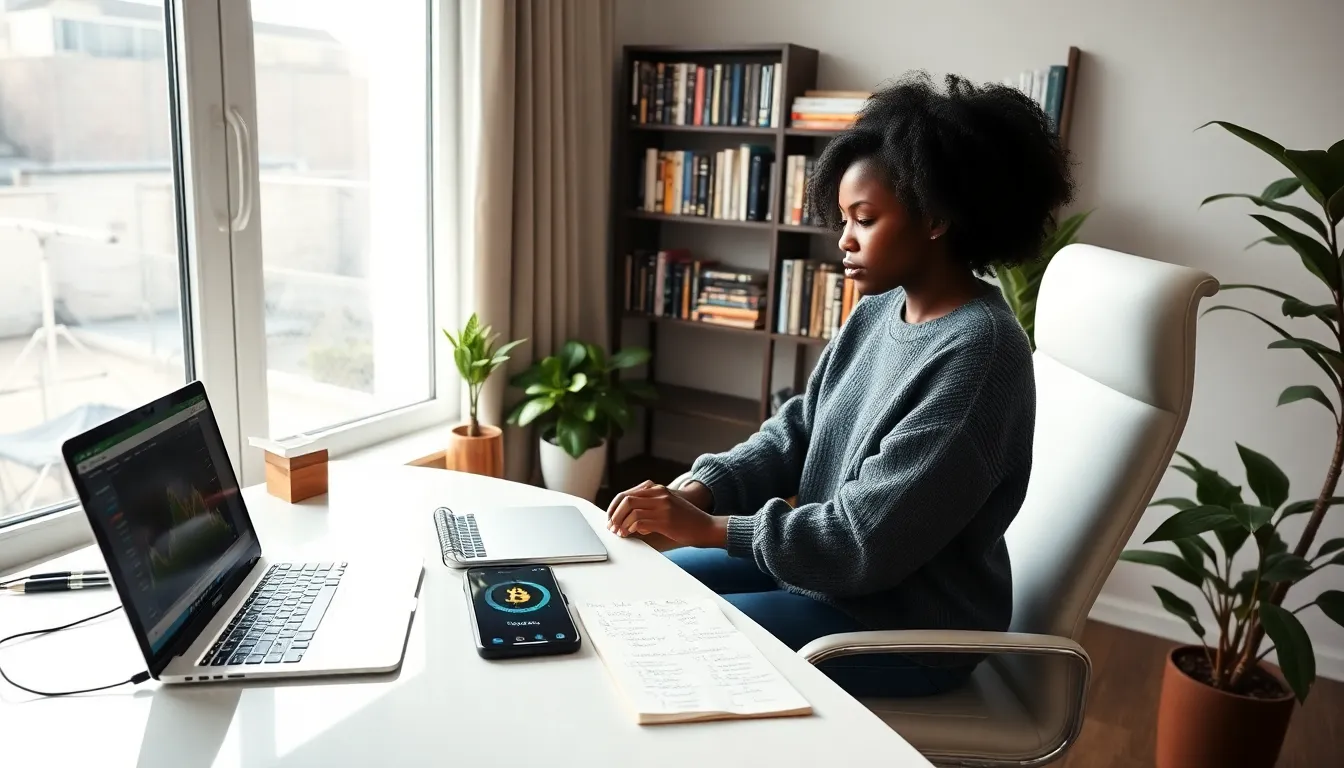 a woman analyzing Bitcoin data in a modern home office.