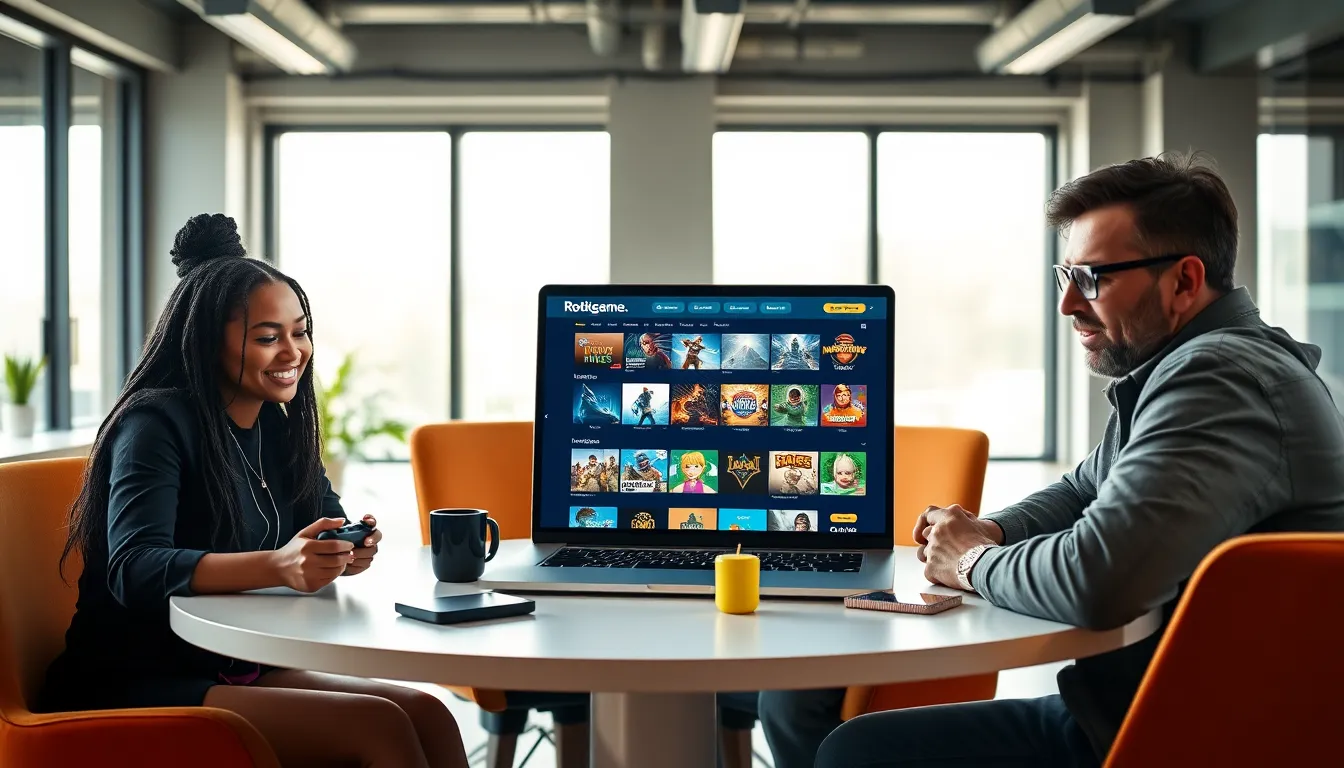 diverse gamers exploring games on Rotkgame.com in a modern office.