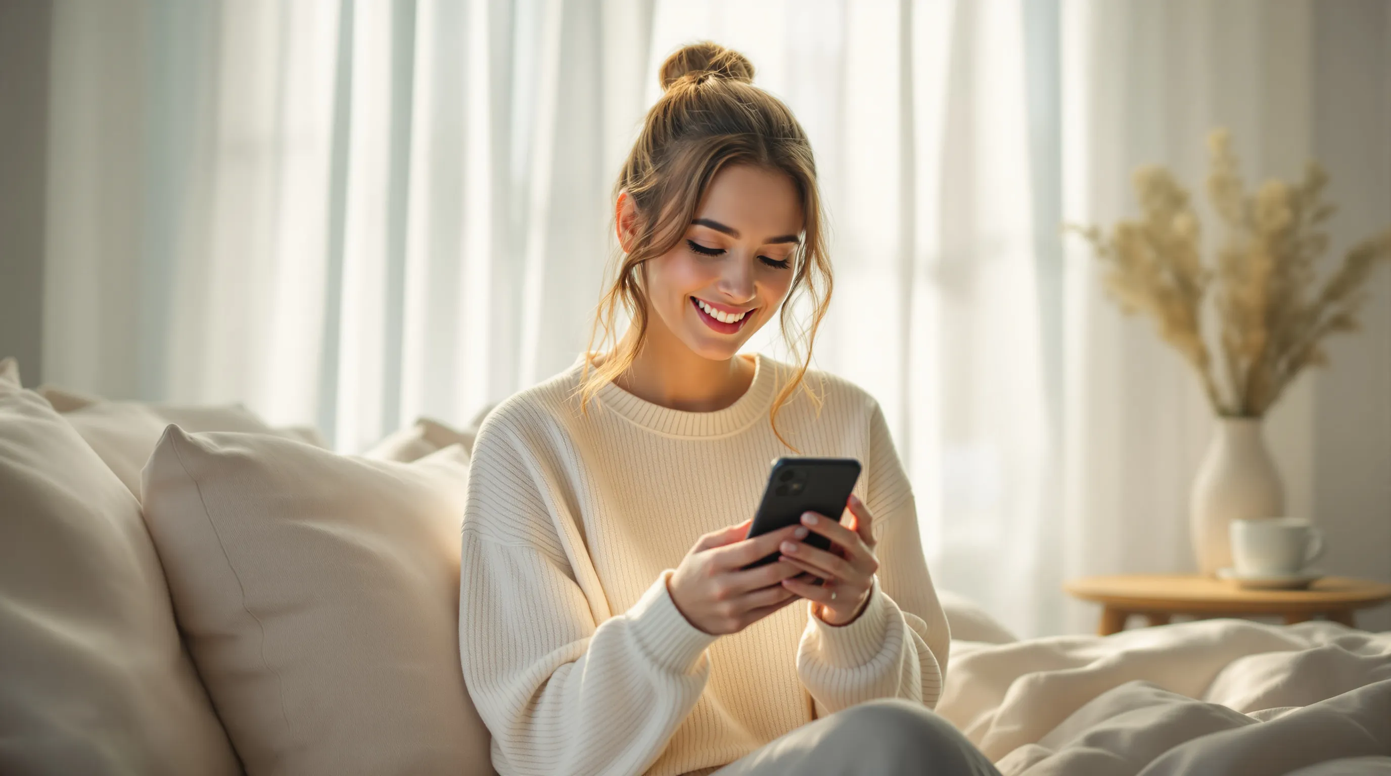 Young woman smiling at morning text message in sunlit bedroom.