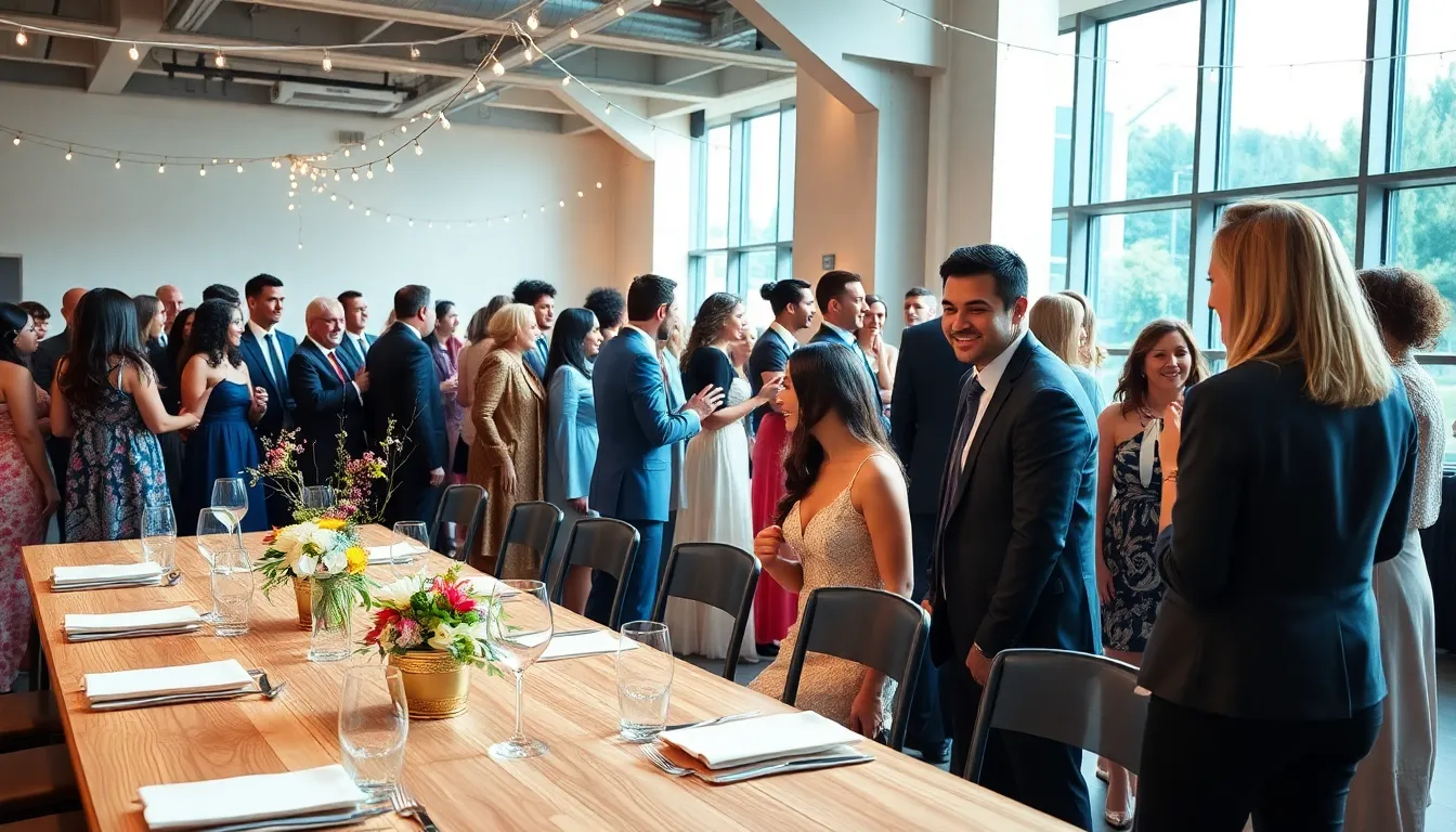 diverse guests enjoying a thrifty wedding reception in a bright venue.