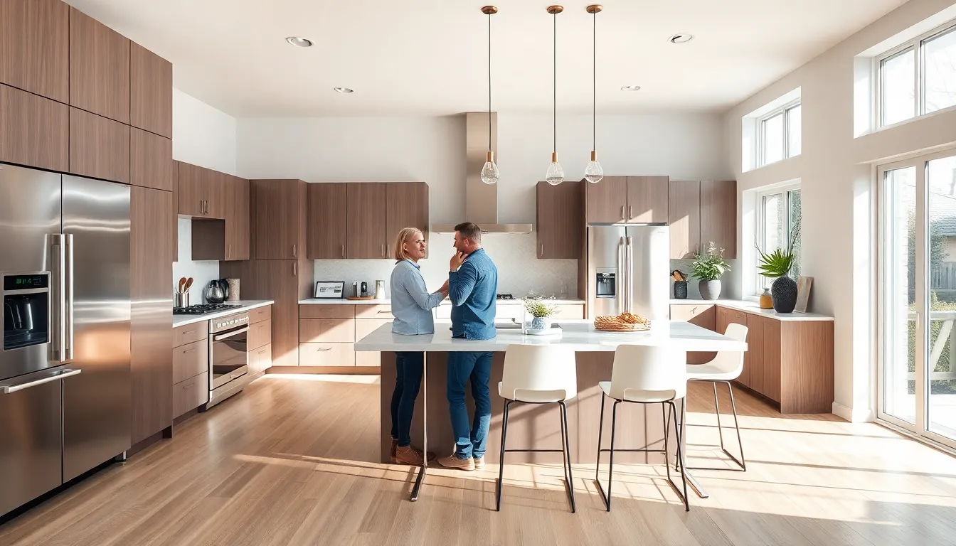 a modern kitchen remodel with a designer discussing plans with homeowners.
