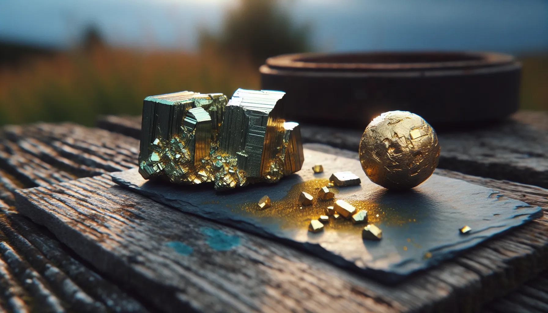 comparison of pyrite and gold samples on a wooden surface.