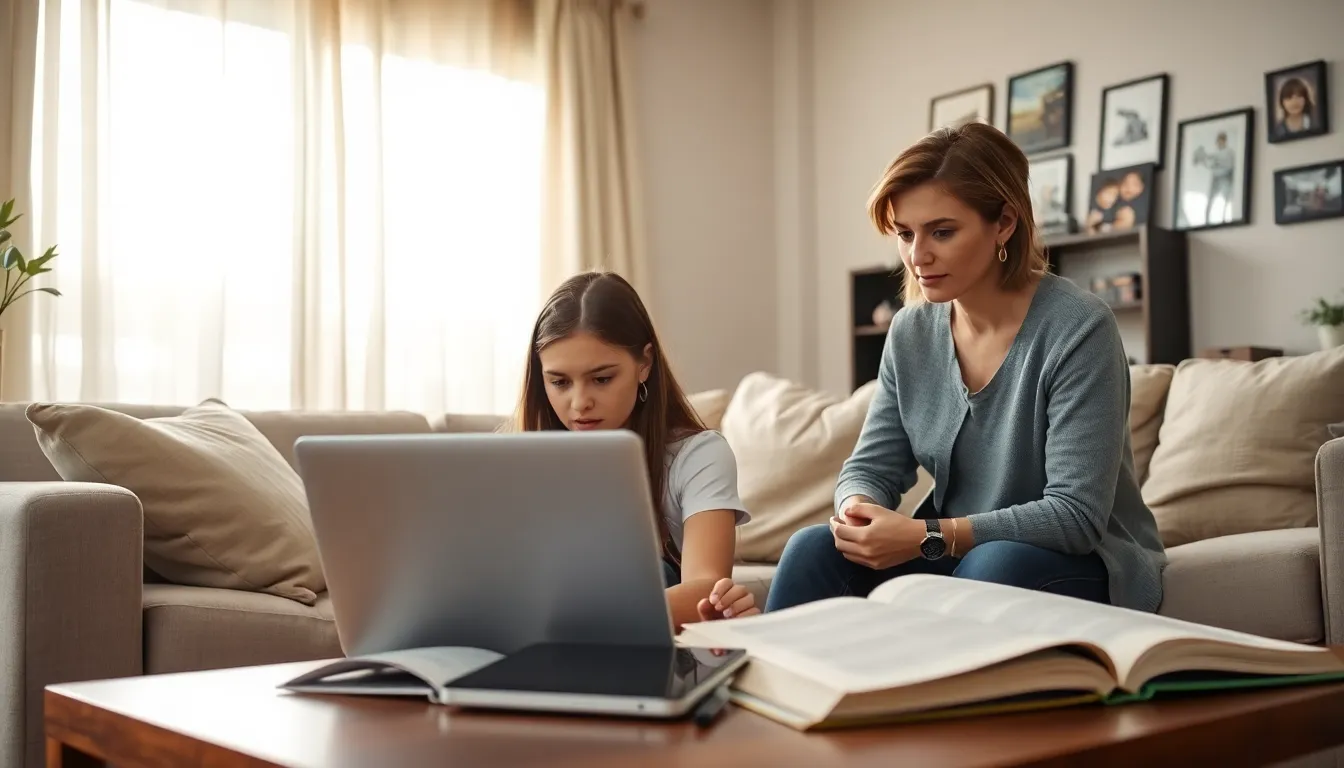 Mother observing daughter studying in a cozy living room.
