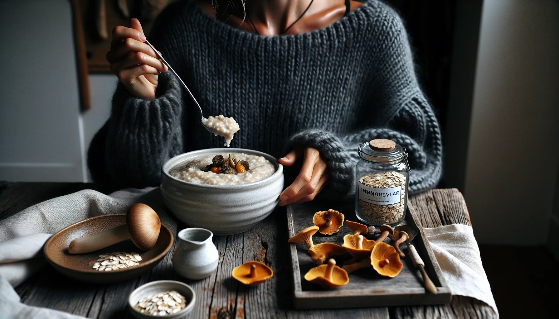 Norwegian woman eating oat porridge beside fresh chanterelles and porcini.