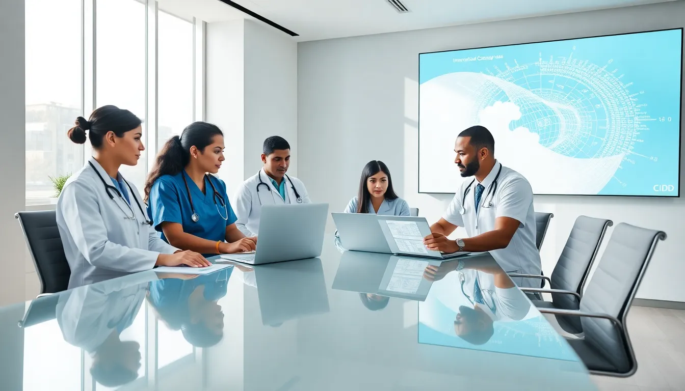 healthcare team discussing diagnosis in a modern medical office.
