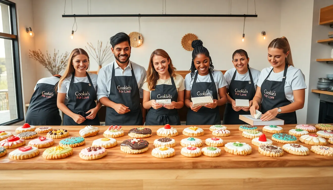 diverse team preparing cookies in a cozy bakery setting.