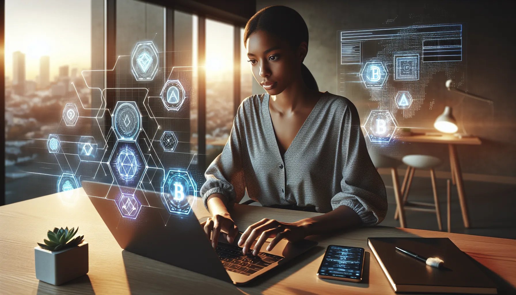 Professional working on laptop with blockchain network diagrams and cryptocurrency charts displayed on screen.