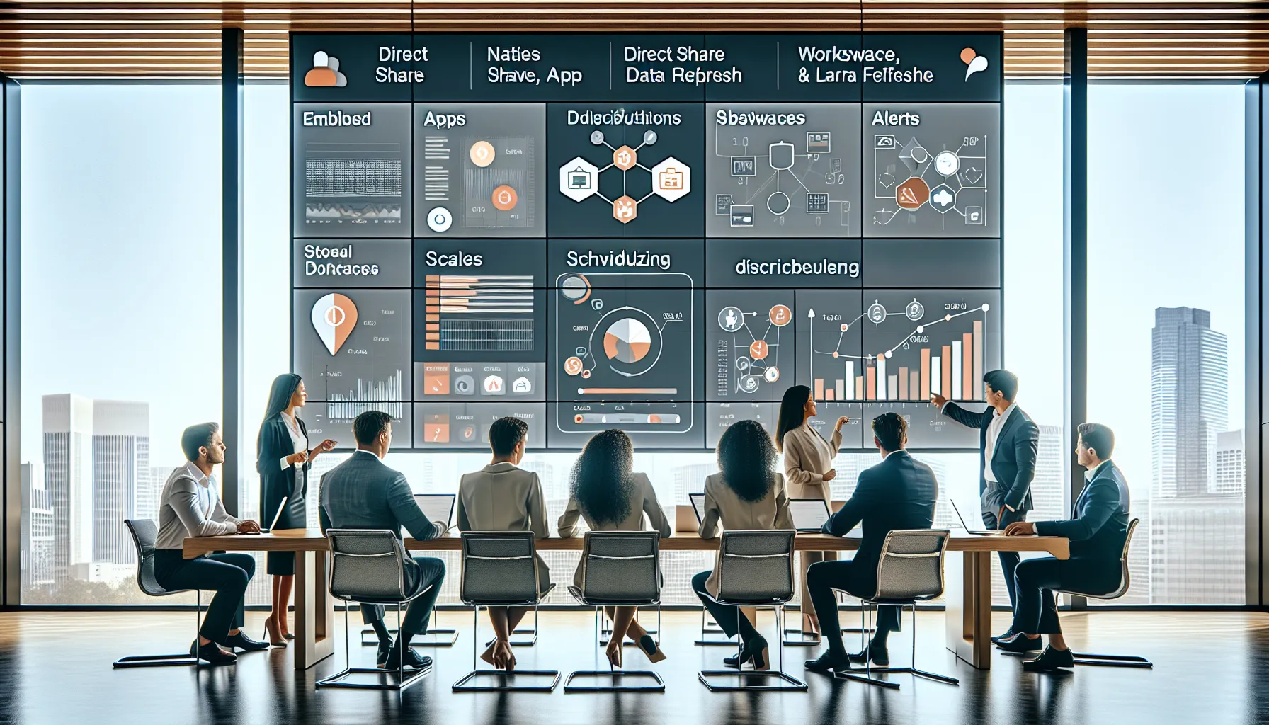 Analytics team reviewing Power BI sharing and scheduling options in a modern office.