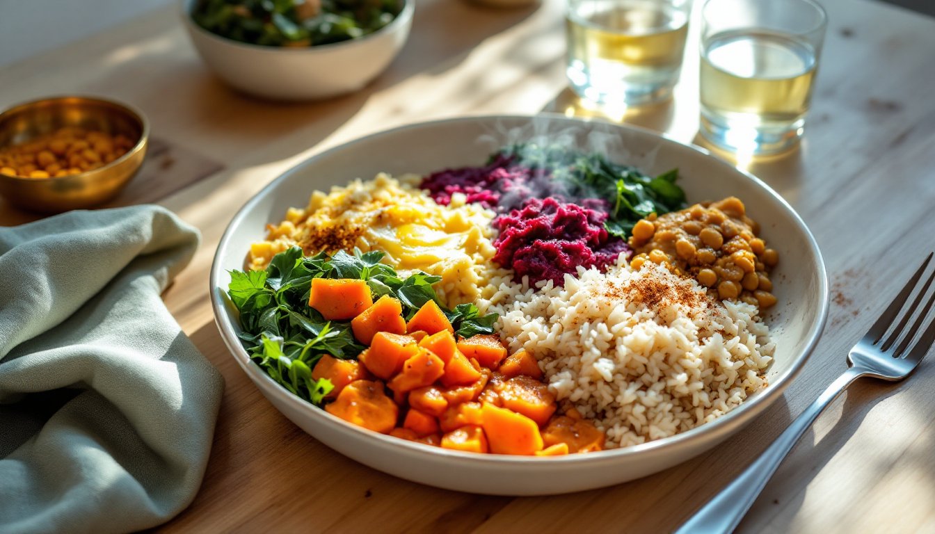 A warm balanced lunch plate with vegetables, lentils, rice, and ghee on a wooden table.