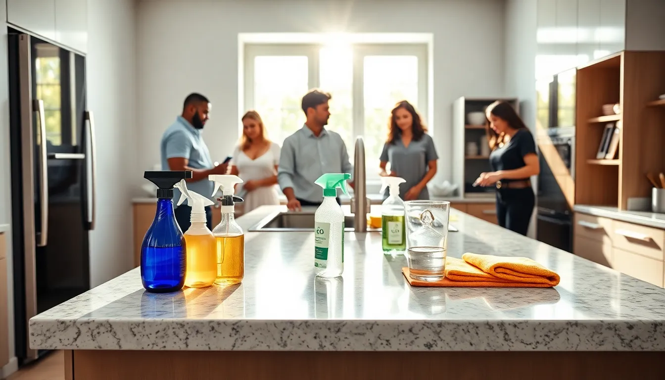 clean kitchen with diverse team demonstrating effective cleaning hacks.