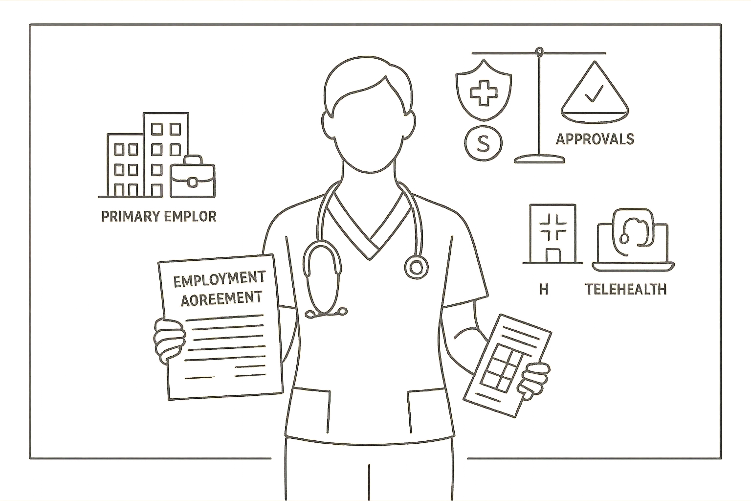 Nurse practitioner holding employment contract with moonlighting site icons and risk scale.