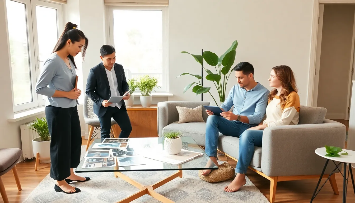 professionals collaborating in a small, stylish living room setting.