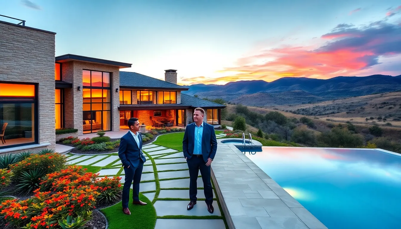 luxurious Texas home with a pool and a sunset background.