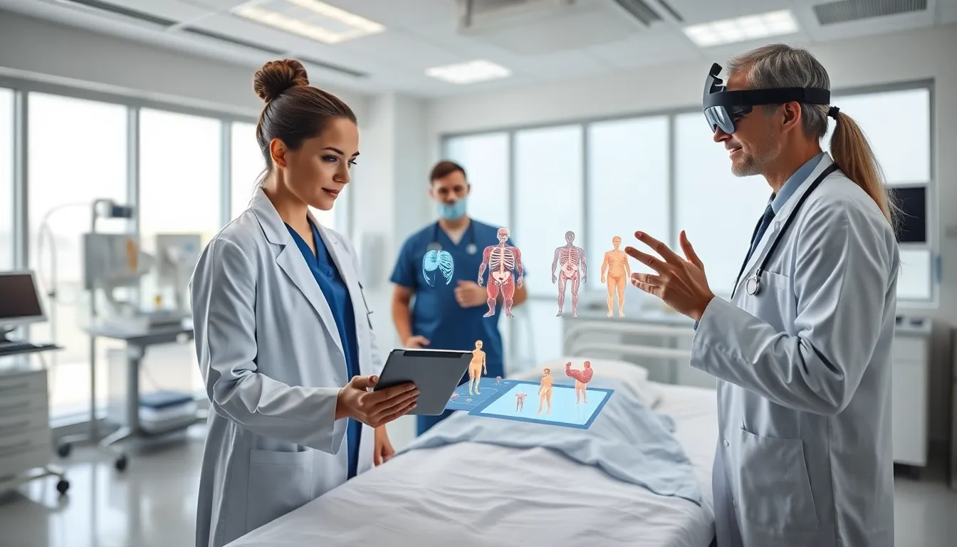 healthcare team demonstrating augmented reality technology in a modern hospital.