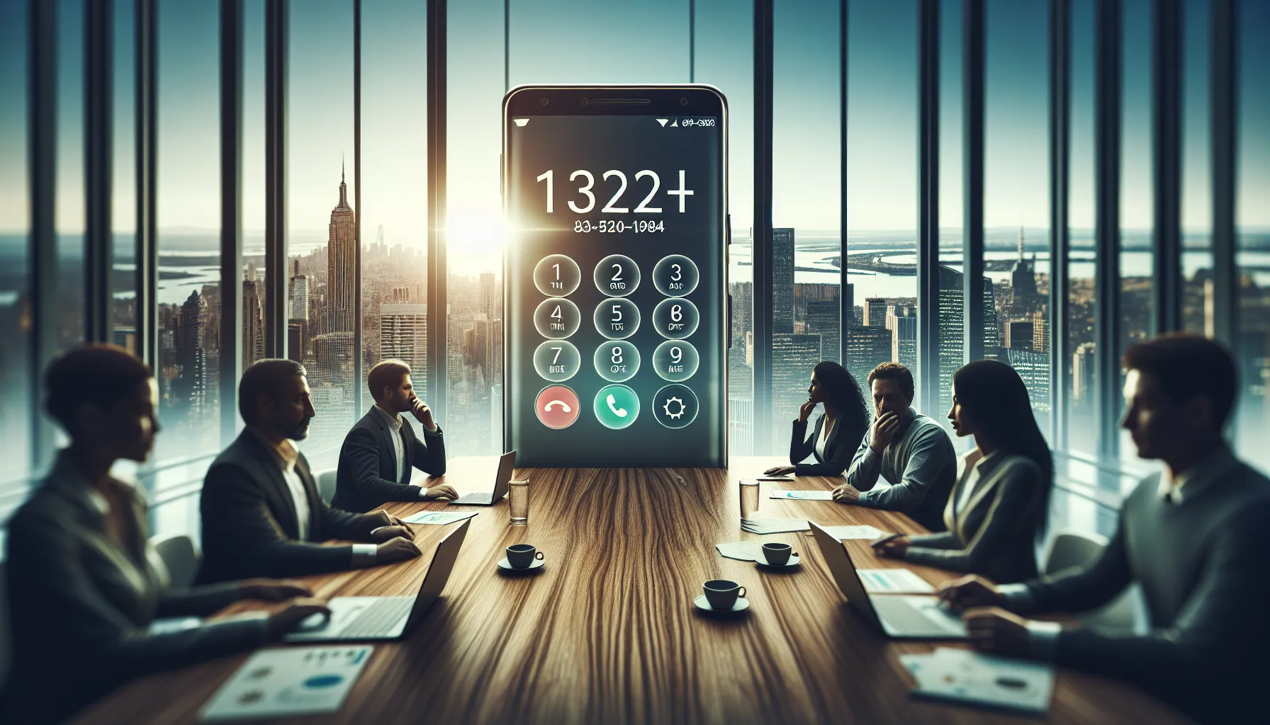 illustration of a smartphone displaying the number 833-520-1984 in an office setting.