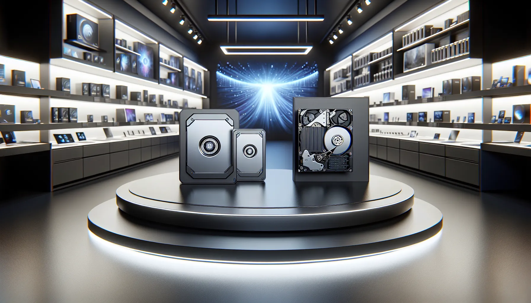 An SSD and HDD displayed side by side on a modern tech store table.