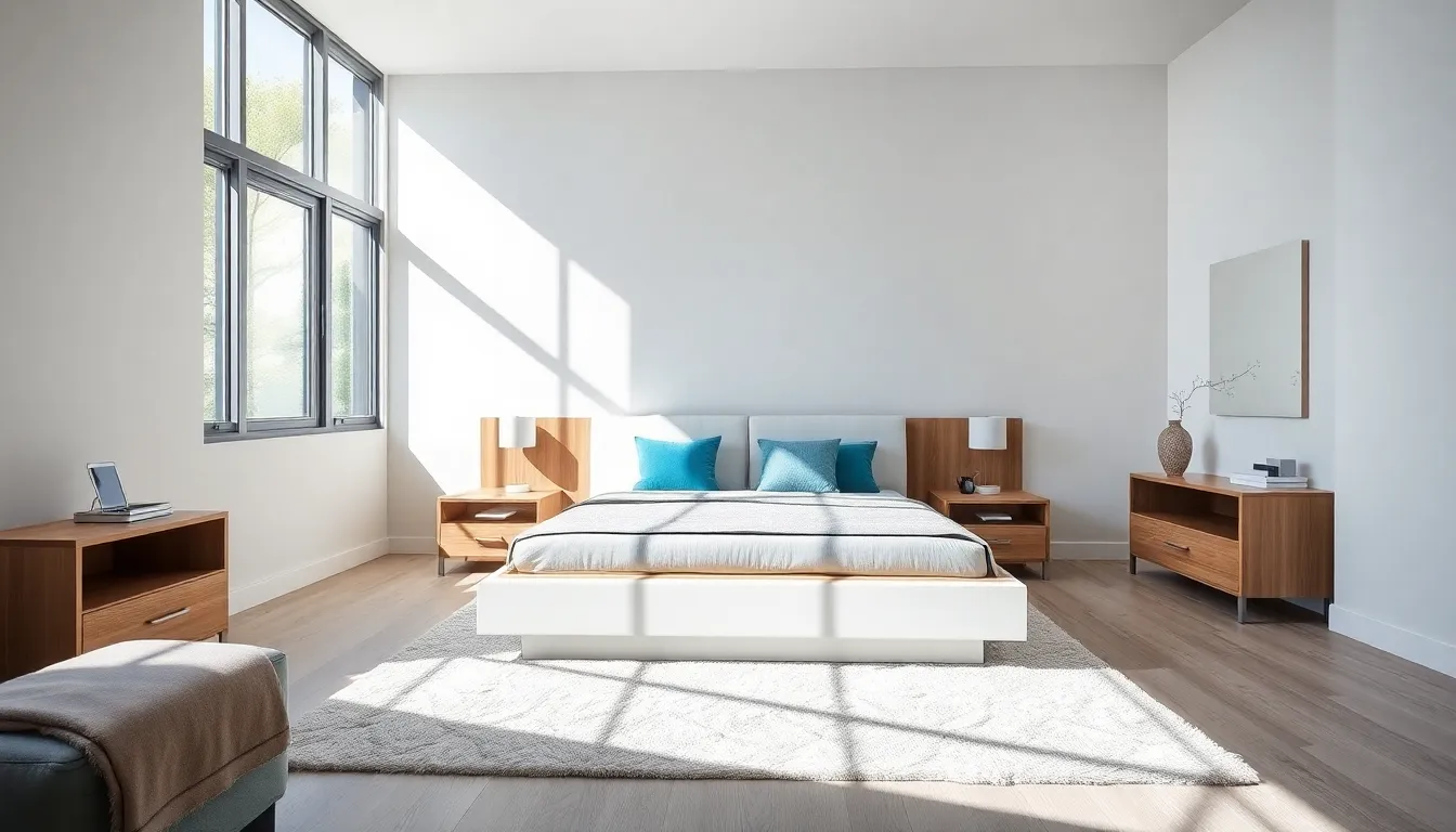 modern contemporary bedroom with minimalist design and vibrant accents.