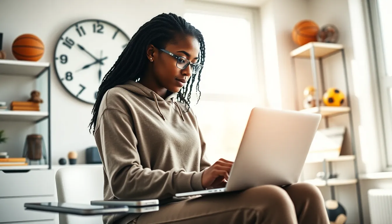 A young woman working on sports news updates in a modern home office.