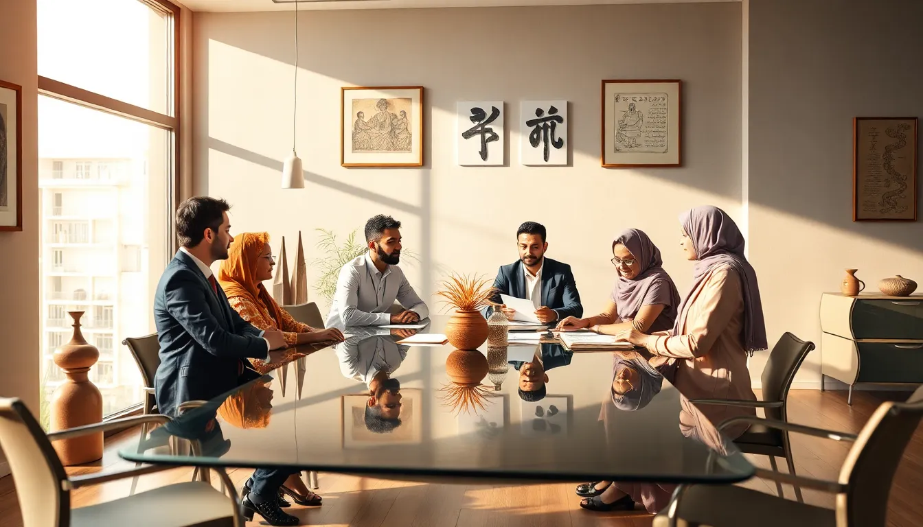 diverse team discussing cultural significance in a modern office.