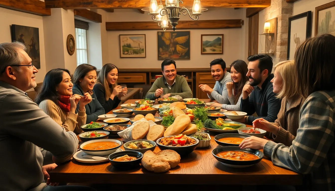 diverse diners enjoying European rural dishes in a cozy restaurant.