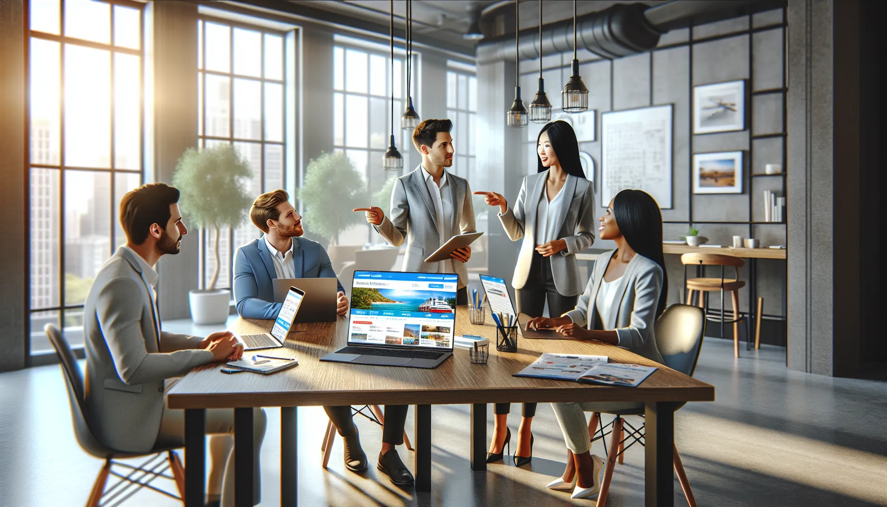 diverse team discussing travel discount codes in a modern office.