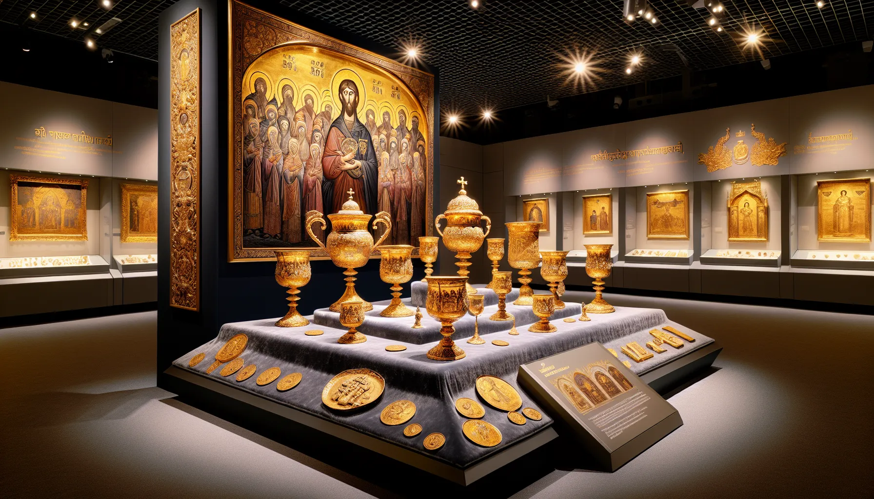 An exhibit of historical gold artifacts in a well-lit museum setting.