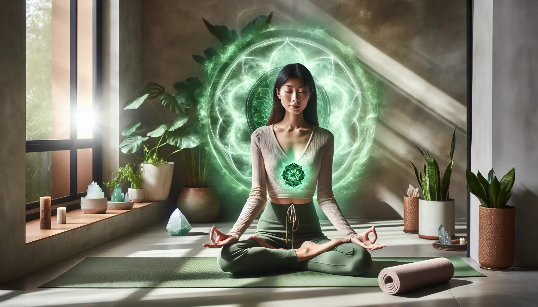 a yogi radiating an emerald aura in a peaceful studio setting.
