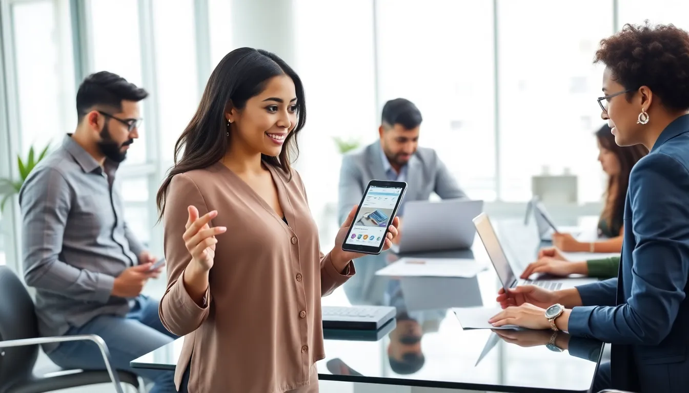 diverse team collaborating on mobile app development in a modern office.