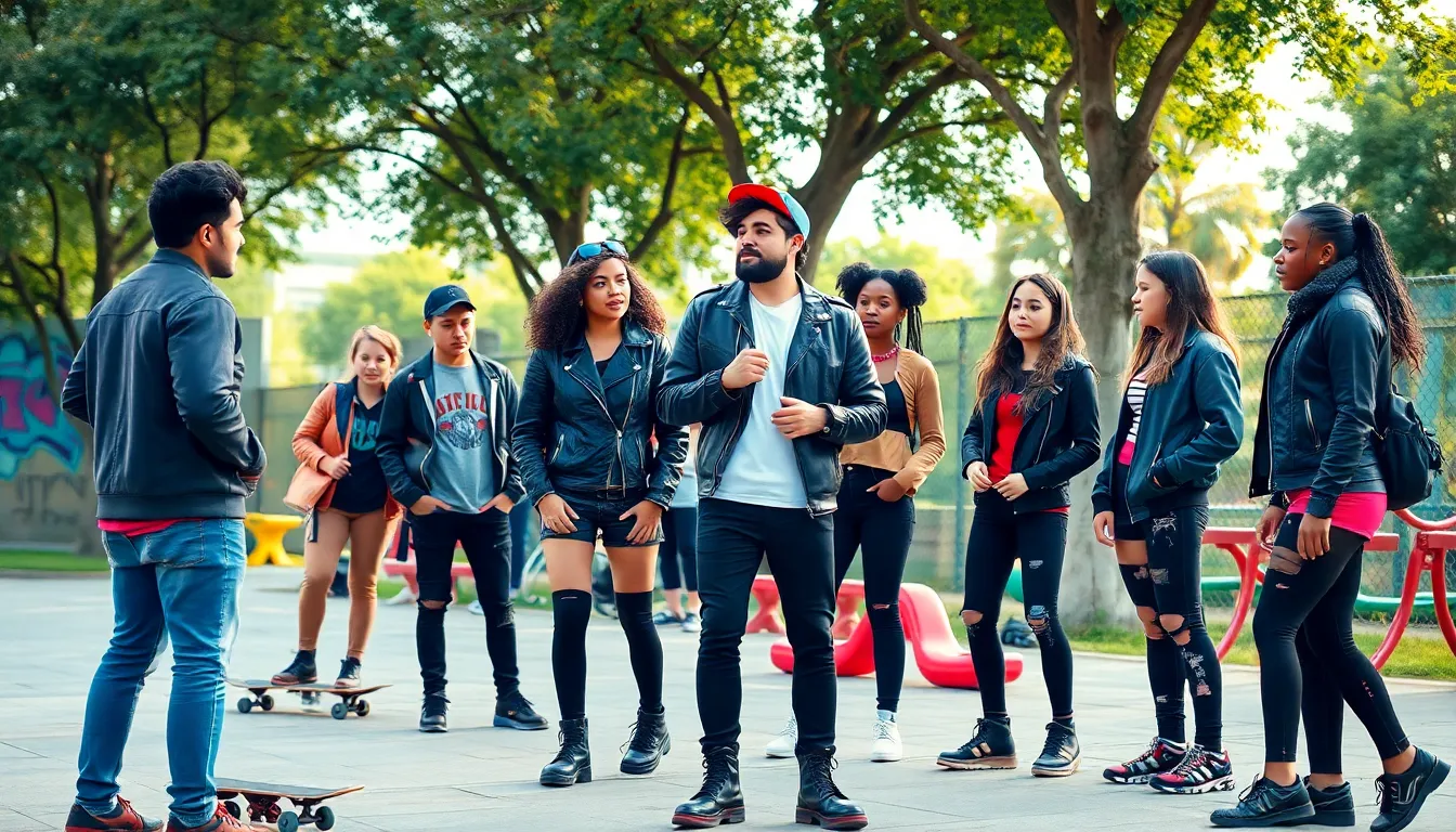diverse group discussing gothjock culture in an urban park.