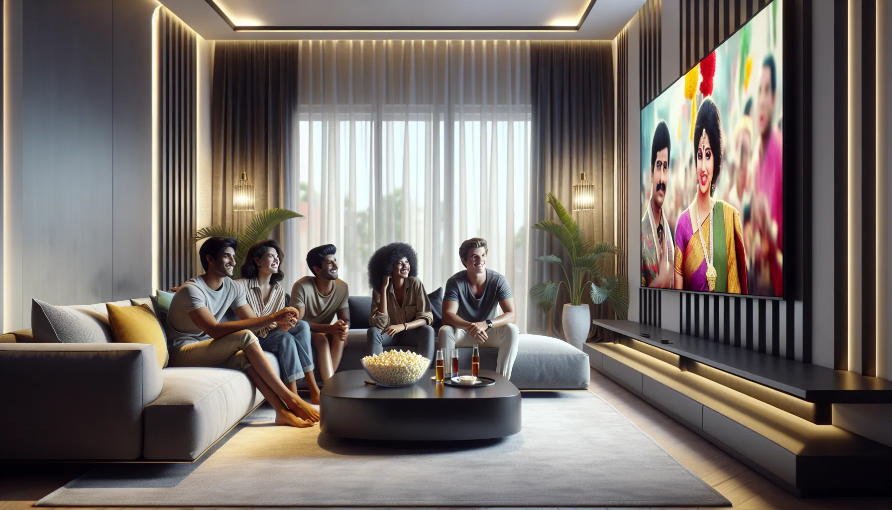 friends watching a Telugu film in a modern living room.
