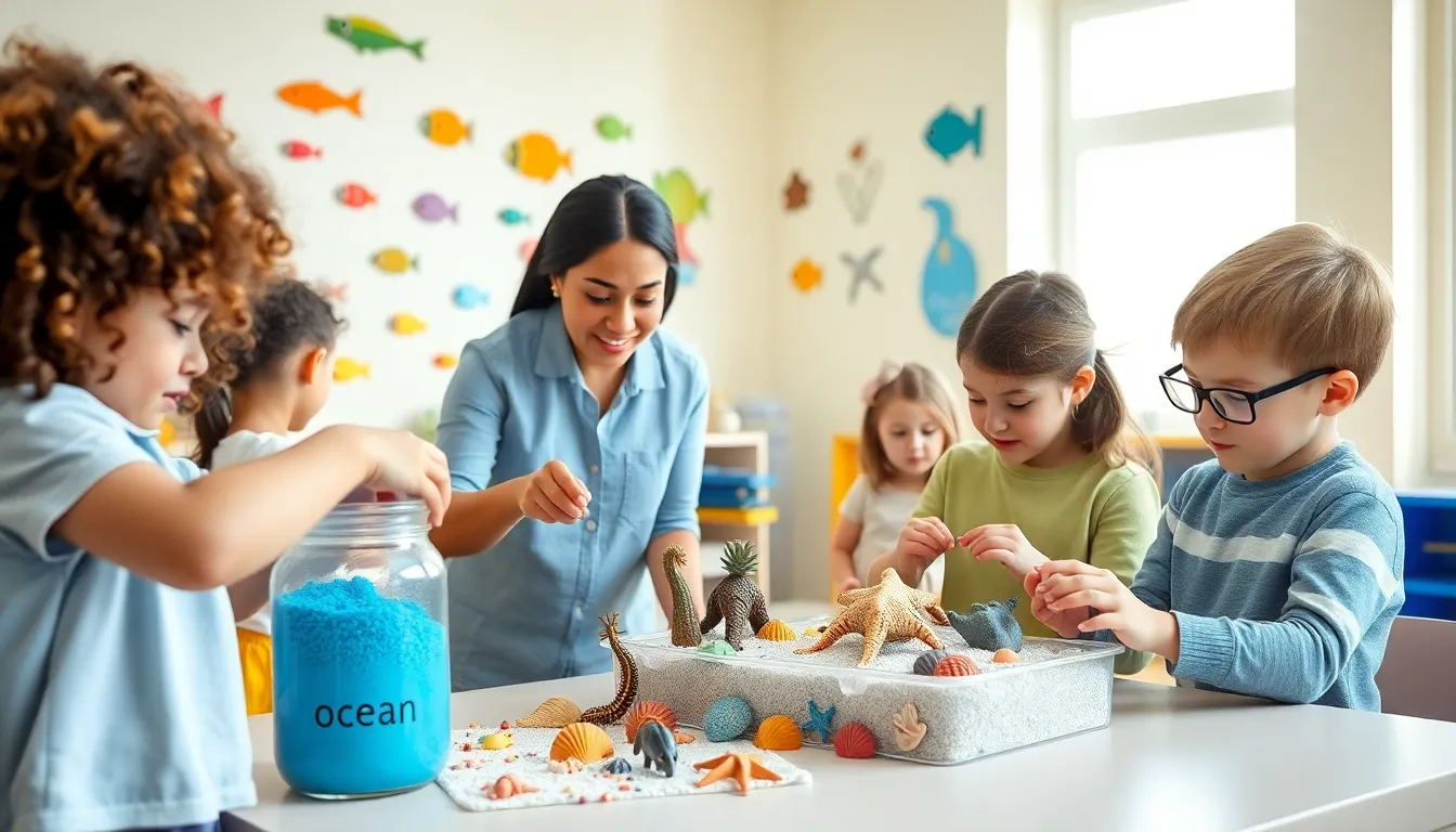 Preschoolers engaged in ocean-themed activities in a colorful classroom.