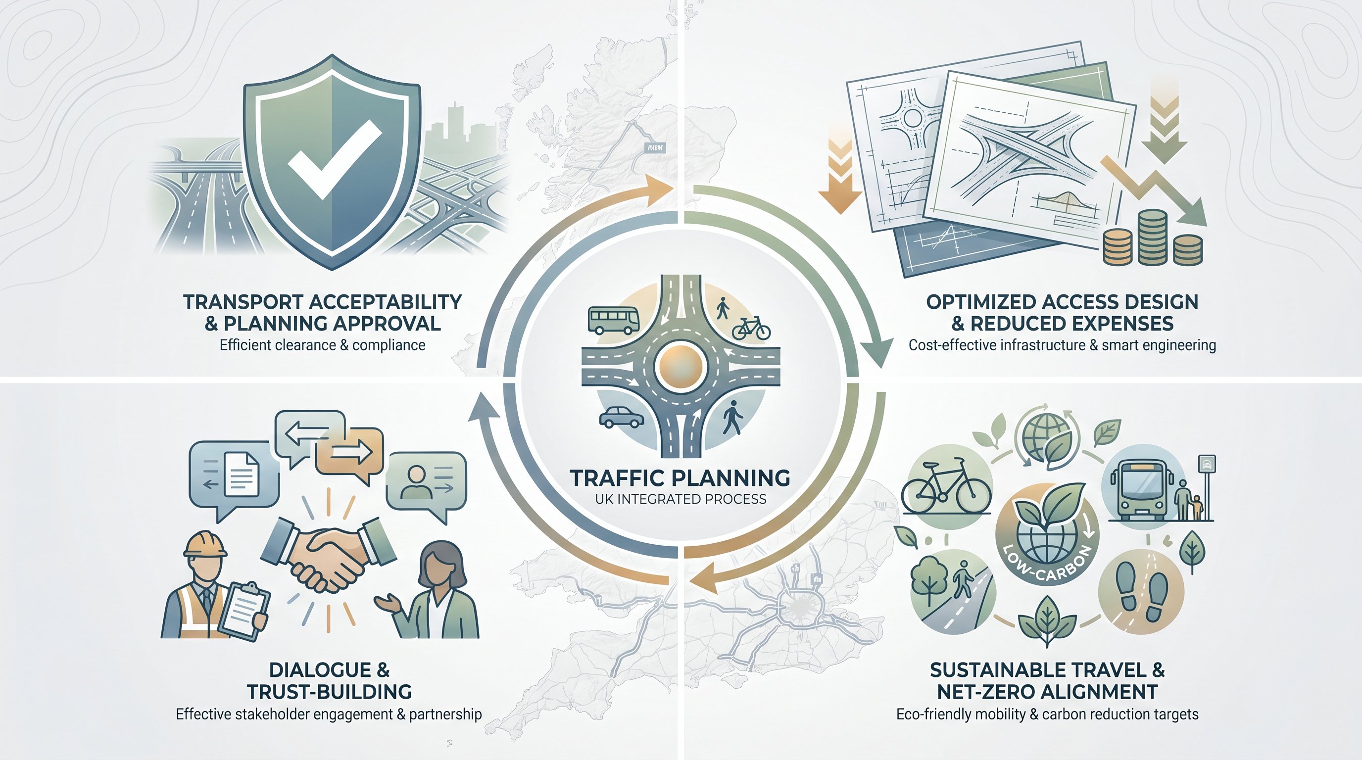 Four-quadrant diagram showing traffic planning benefits for UK development projects.