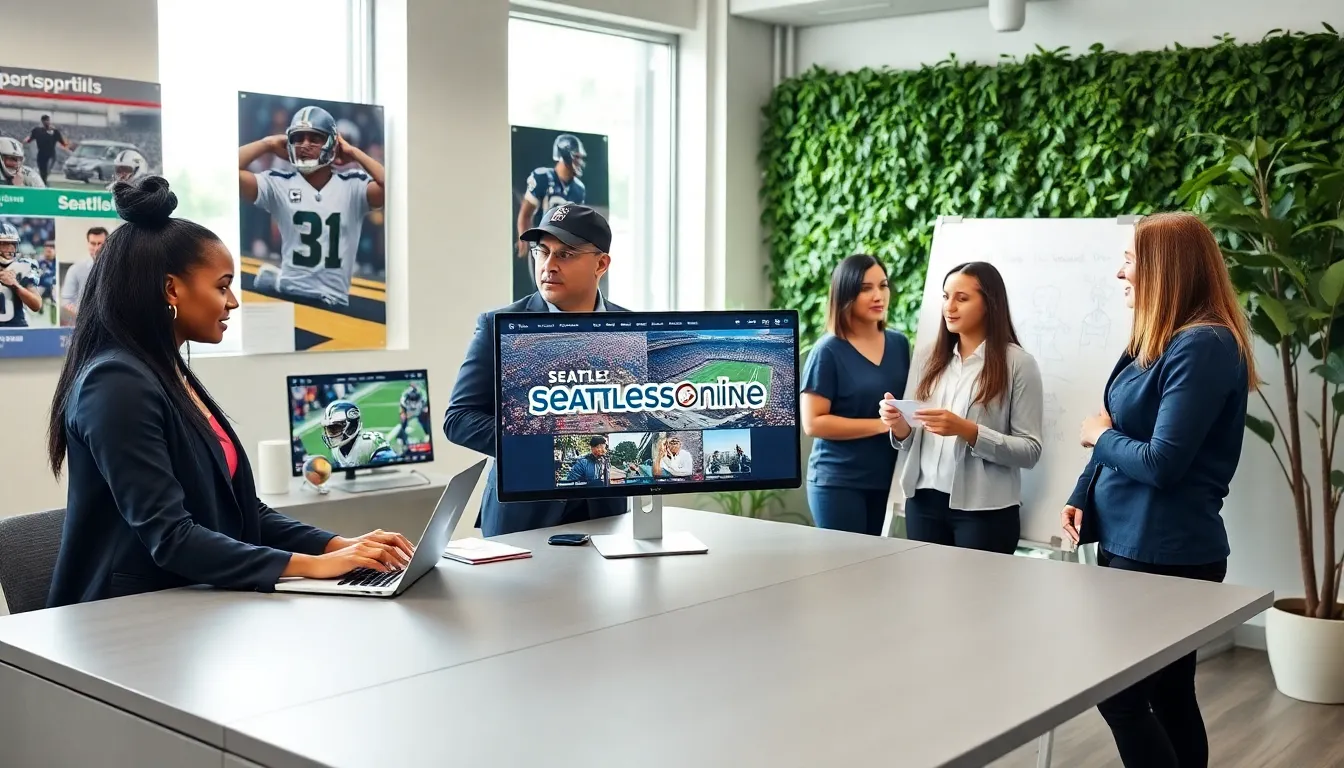 diverse team collaborating in a modern workspace for SeattleSportsOnline.