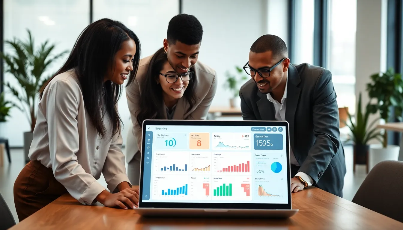 diverse team discussing screen time metrics in a modern office.