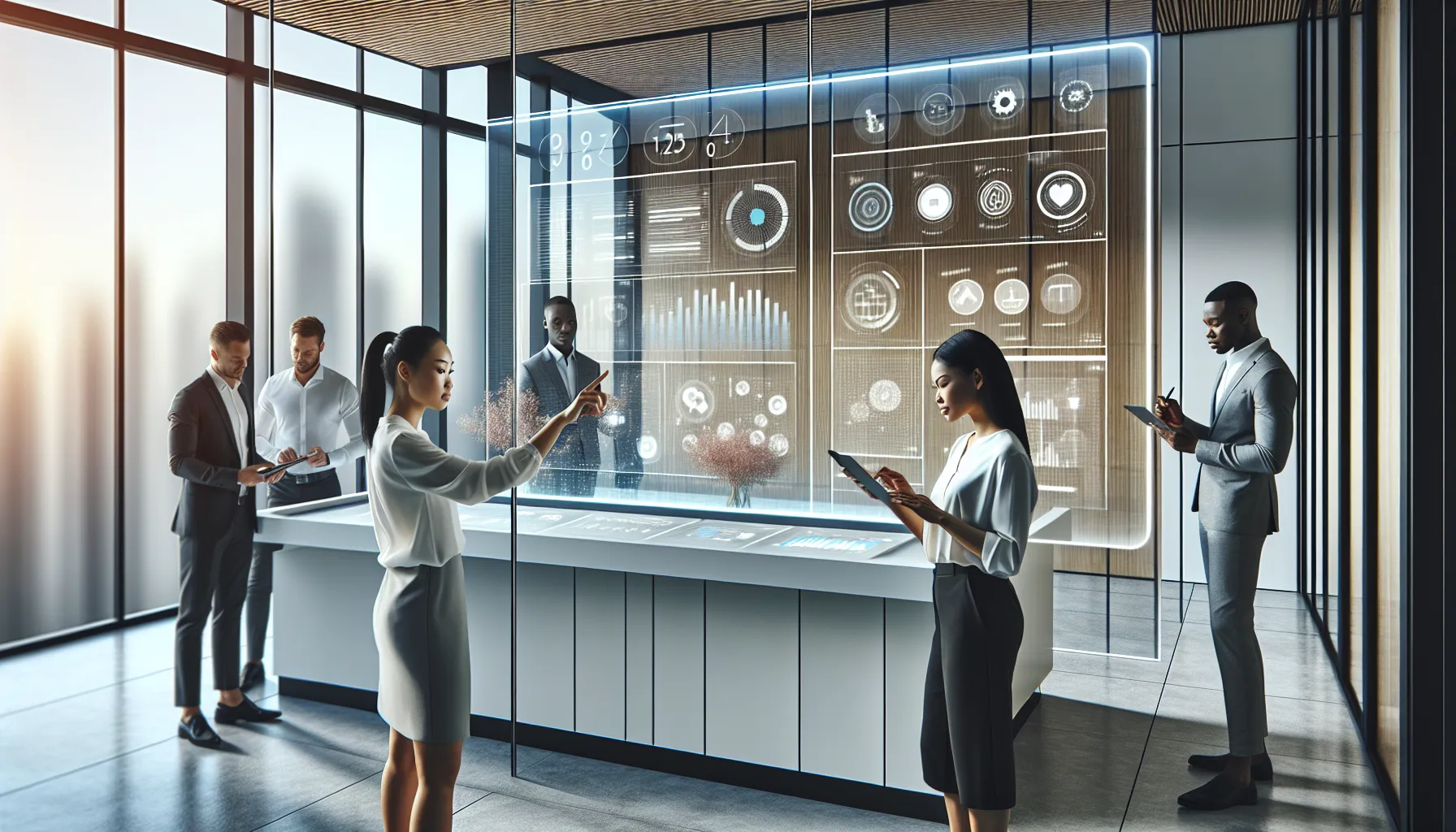 diverse team collaborating on a digital scheduling platform in a modern office.