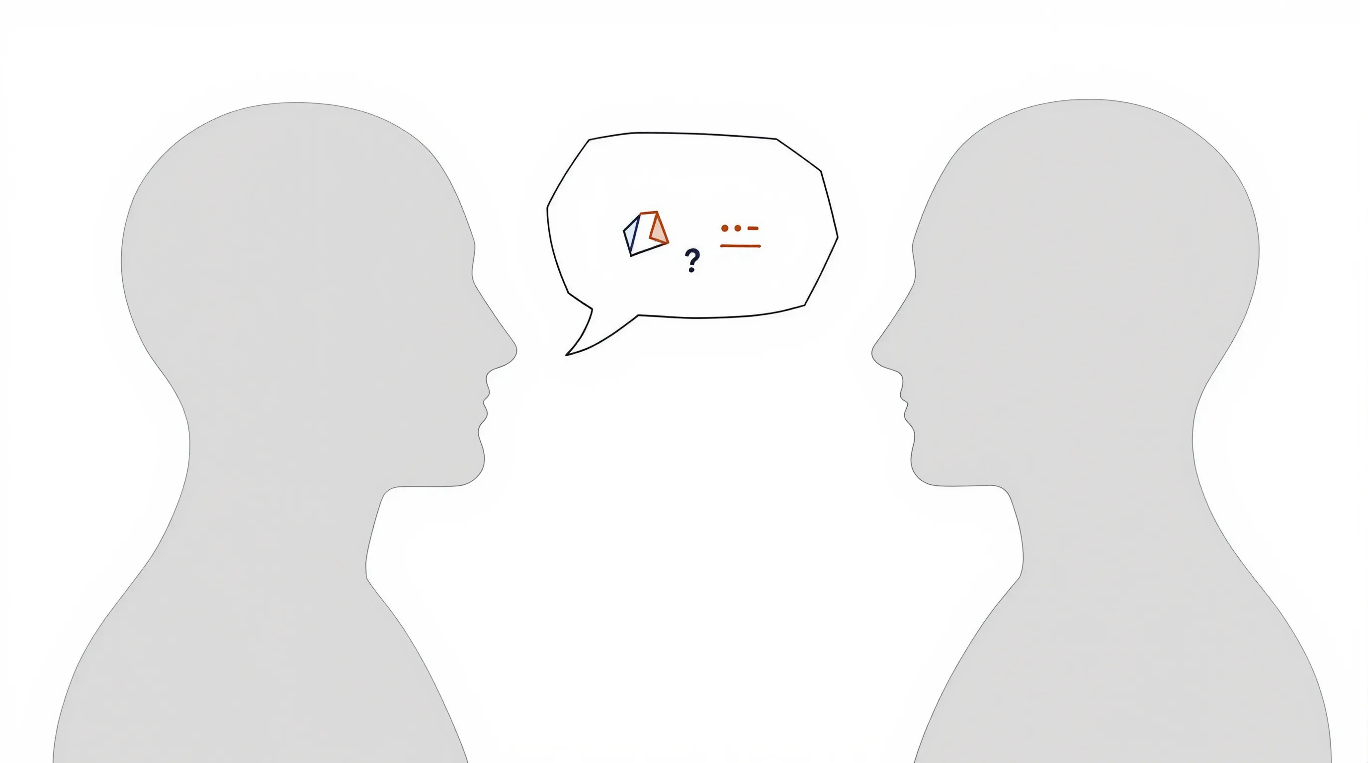 Two silhouettes facing each other with a speech bubble containing abstract symbols between them.
