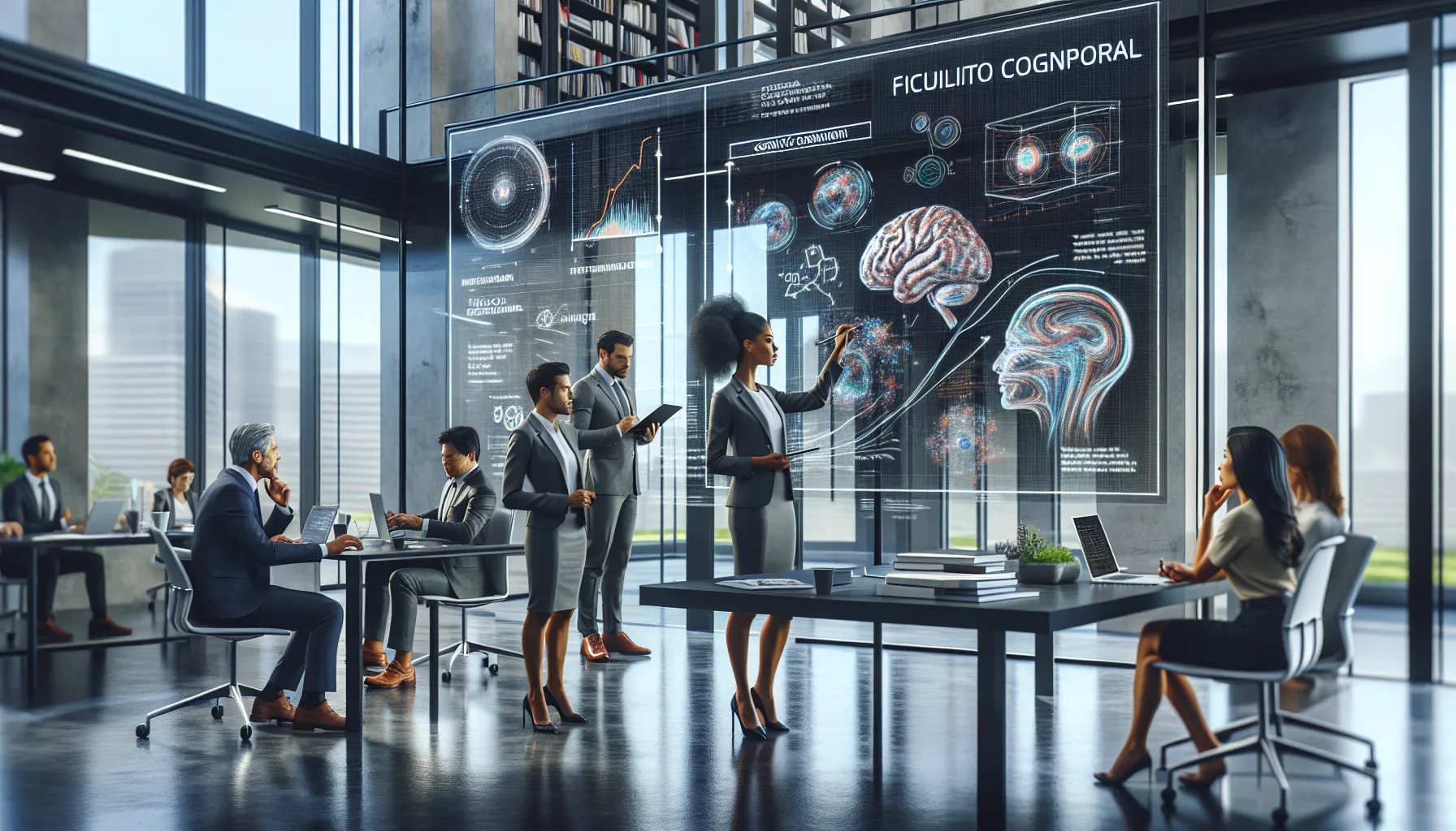 Cognitive scientists collaborating in a modern lab setting.