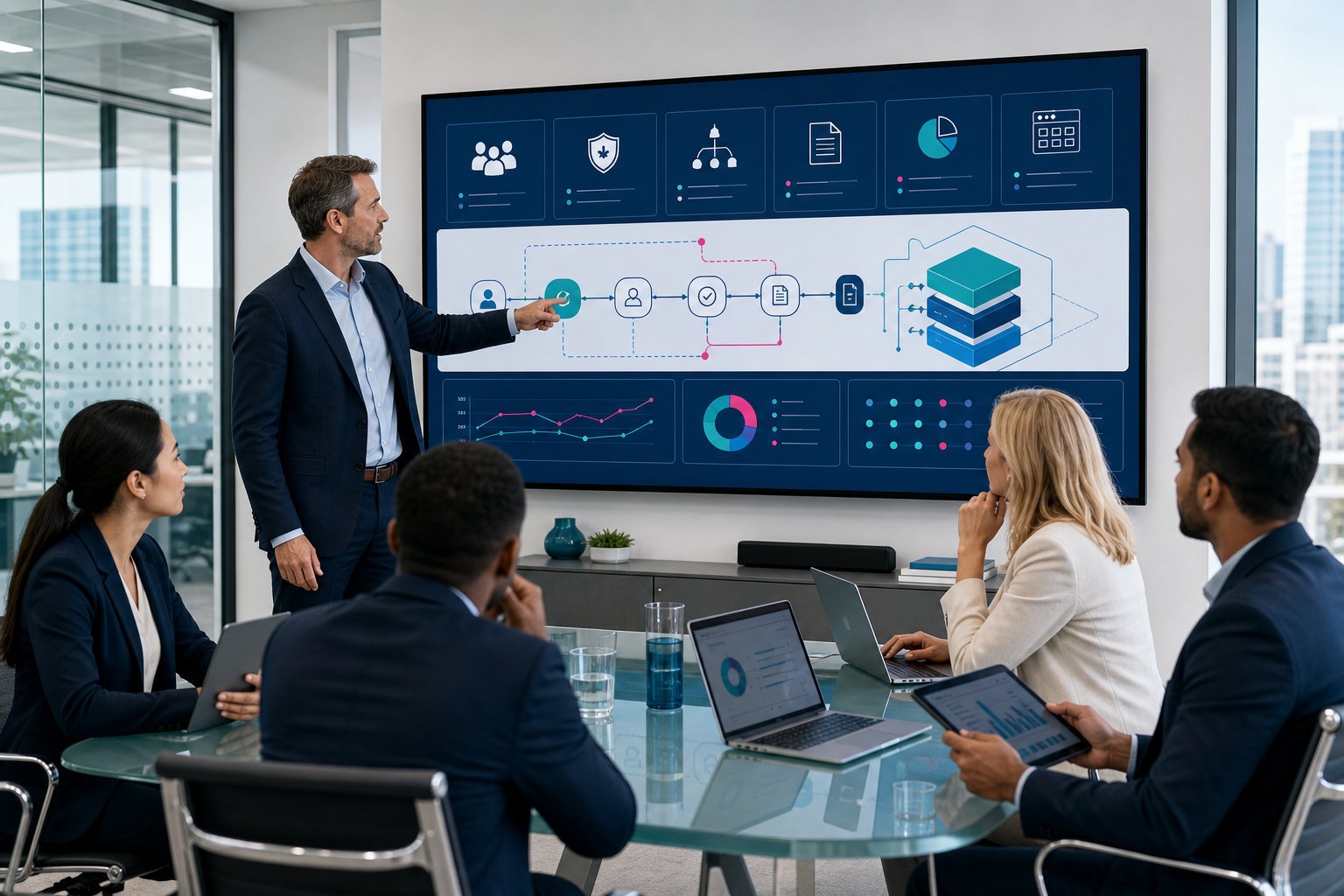 Professionals reviewing client portal pricing factors on a digital dashboard.