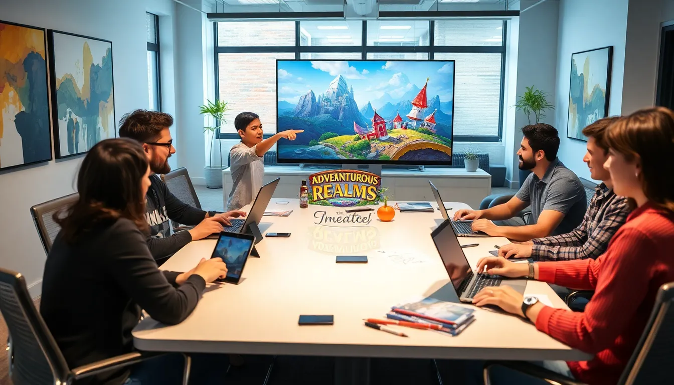 diverse team discussing game updates in a modern office setting.