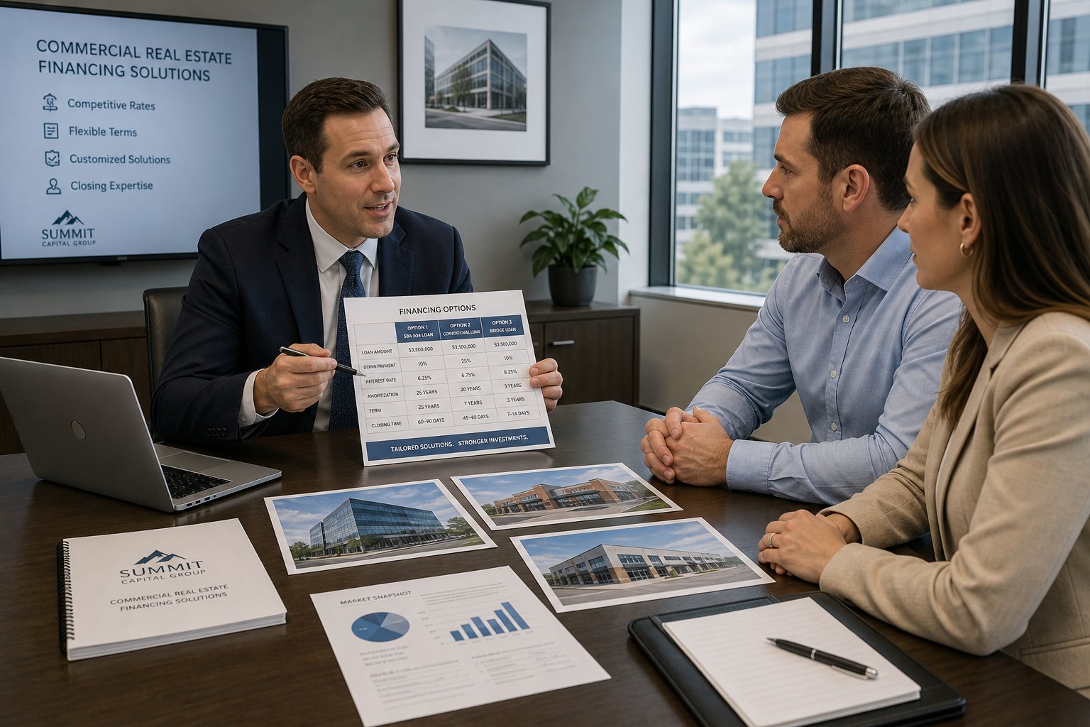 Commercial Mortgage Brokers Preston 13 Commercial mortgage specialist presenting finance options to clients in a conference room.