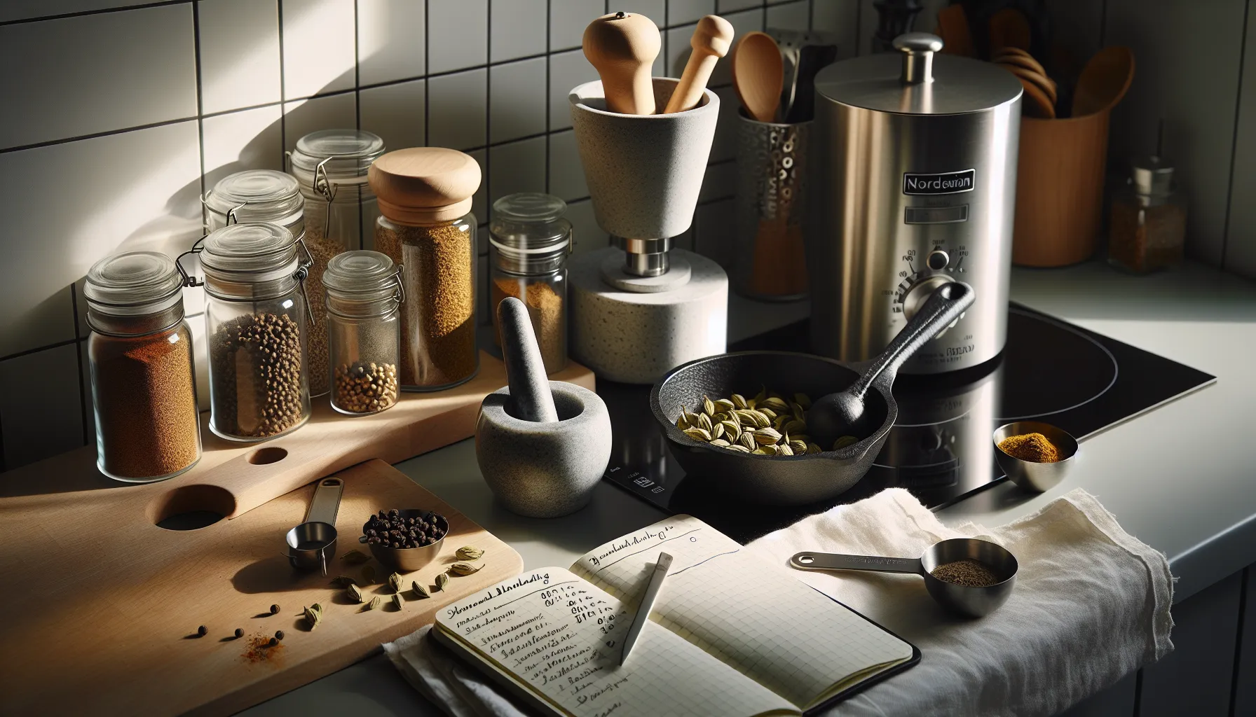Norwegian kitchen setup toasting spices with mortar, grinder, labeled jars, and notes.